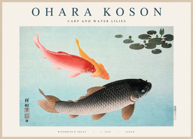 Ohara Koson Carp and Water Lilies No1 - Plakat