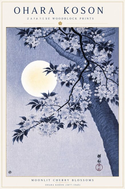 Ohara Koson Moonlit Cherry Blossoms No6 - Plakat