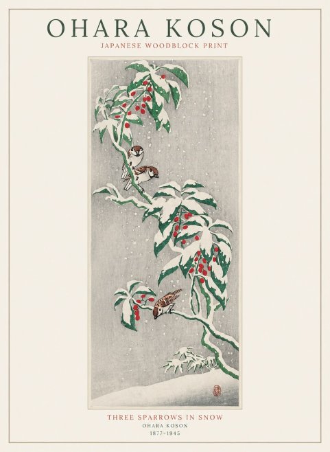 Ohara Koson Three Sparrows in Snow No1 - Plakat