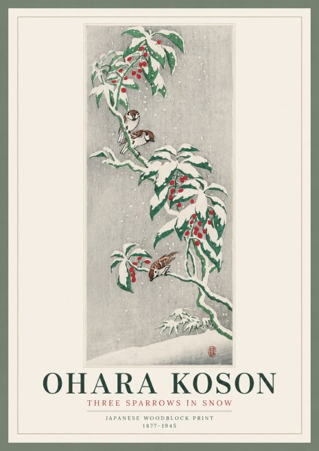 Ohara Koson Three Sparrows in Snow No2 - Plakat