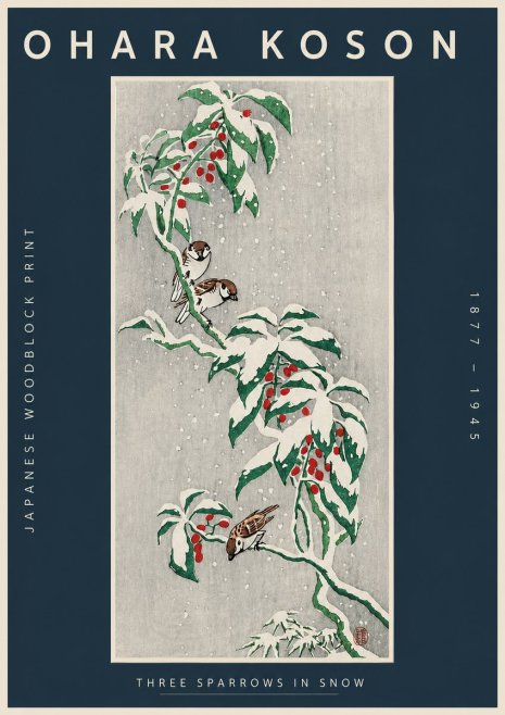 Ohara Koson Three Sparrows in Snow No4 - Plakat