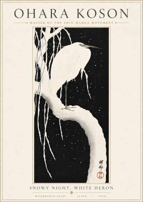 Ohara Koson Snowy Night, White Heron No6 - Plakat