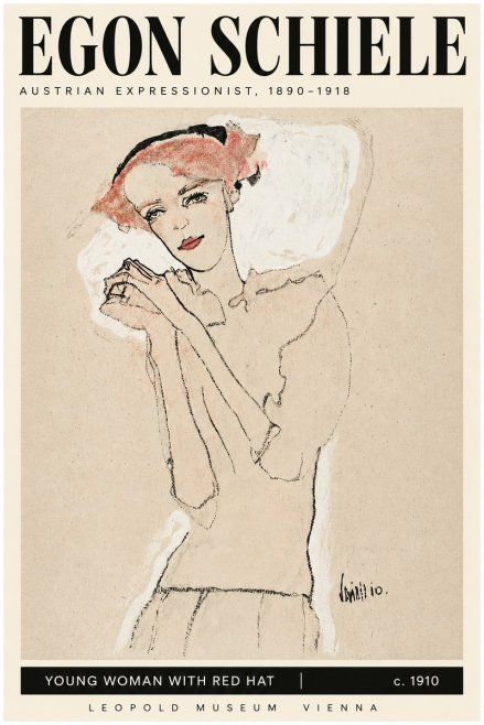 Schiele Young Woman with Red Hat No3 - Plakat