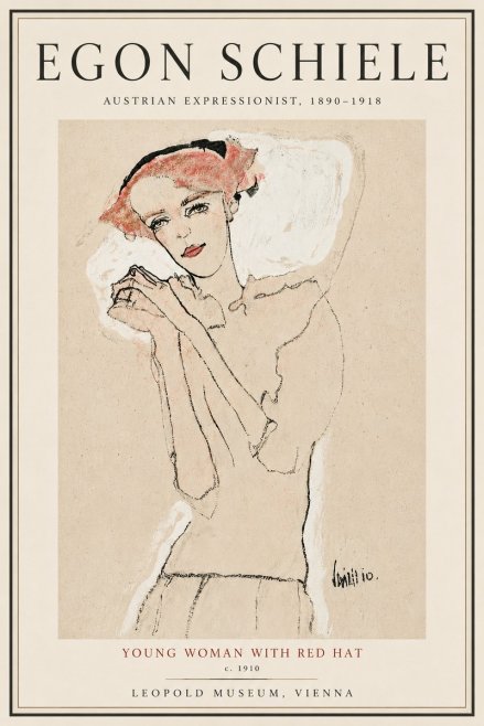Schiele Young Woman with Red Hat No5 - Plakat