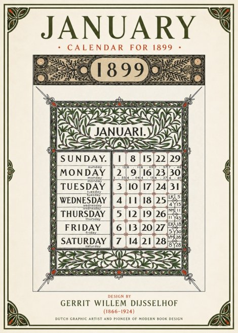 Gerrit Willem Dijsselhof January. Calendar for 1899. No1 - Plakat