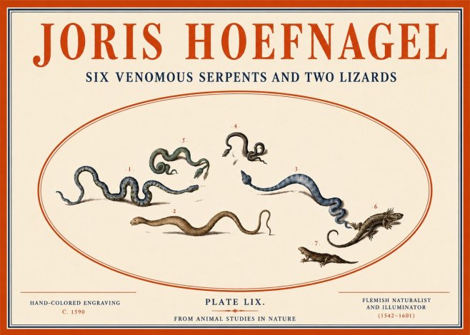 Joris Hoefnagel Six Venomous Serpents and Two Lizards No4 - Plakat