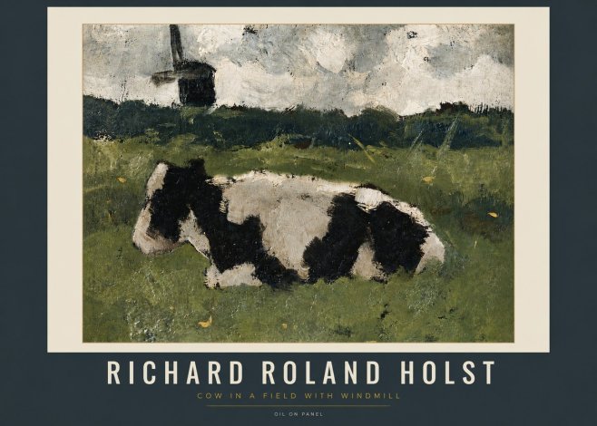 Richard Roland Holst Cow in a Field with Windmill No5 - Plakat