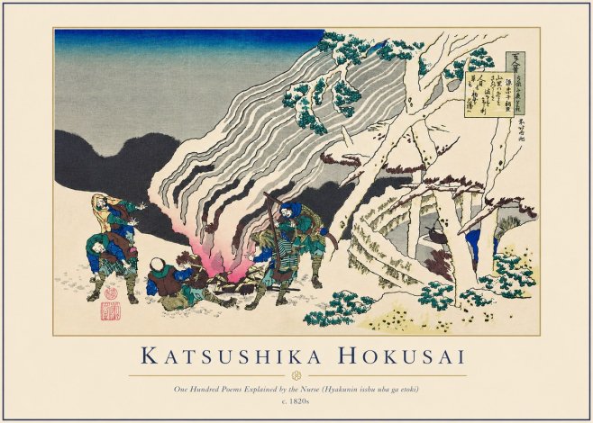 Katsushika Hokusai One Hundred Poems Explained by the Nurse (Hyakunin Isshu Uba Ga Etoki) No3 - Plakat