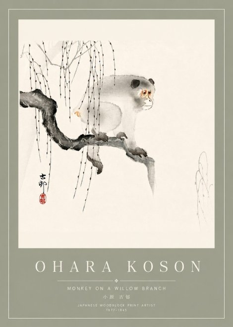 Ohara Koson Monkey on a Willow Branch No4 - Plakat