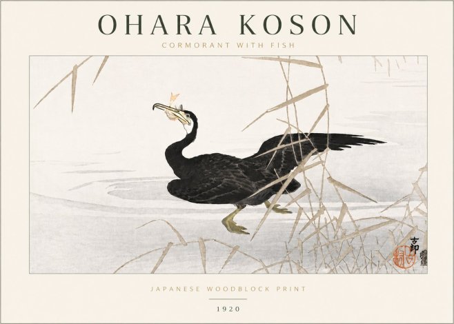 Ohara Koson Cormorant with Fish No6 - Plakat