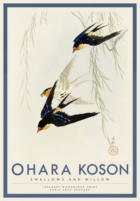 Ohara Koson Swallows and Willow I No4 - Plakat