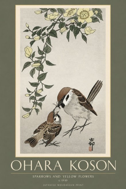 Ohara Koson Sparrows and Yellow Flowers No2 - Plakat