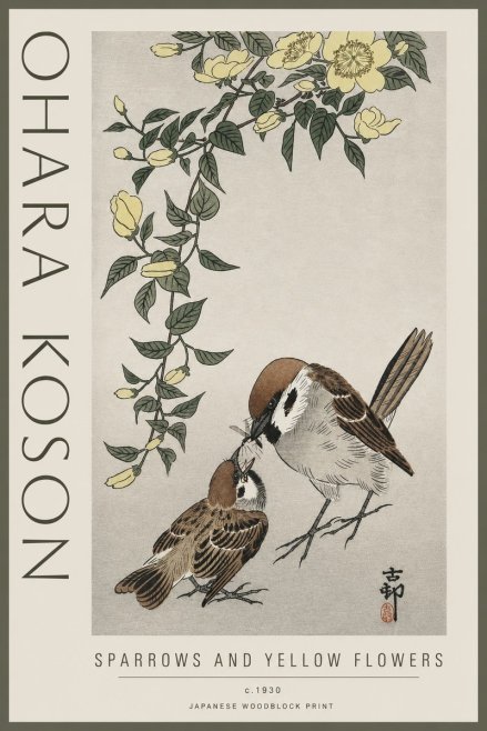 Ohara Koson Sparrows and Yellow Flowers No3 - Plakat