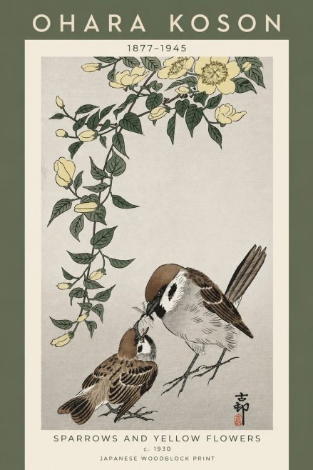 Ohara Koson Sparrows and Yellow Flowers No5 - Plakat
