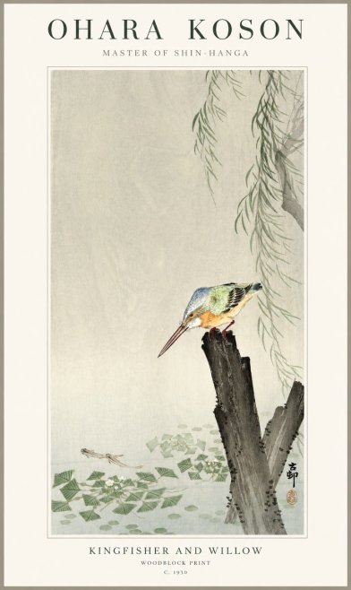 Ohara Koson Kingfisher and Willow No1 - Plakat