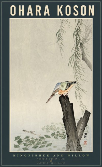 Ohara Koson Kingfisher and Willow No2 - Plakat