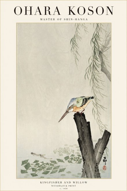 Ohara Koson Kingfisher and Willow No3 - Plakat