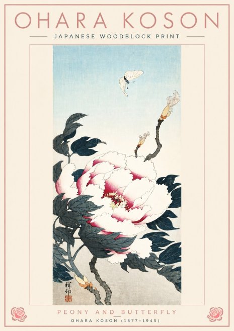 Ohara Koson Peony and Butterfly No4 - Plakat