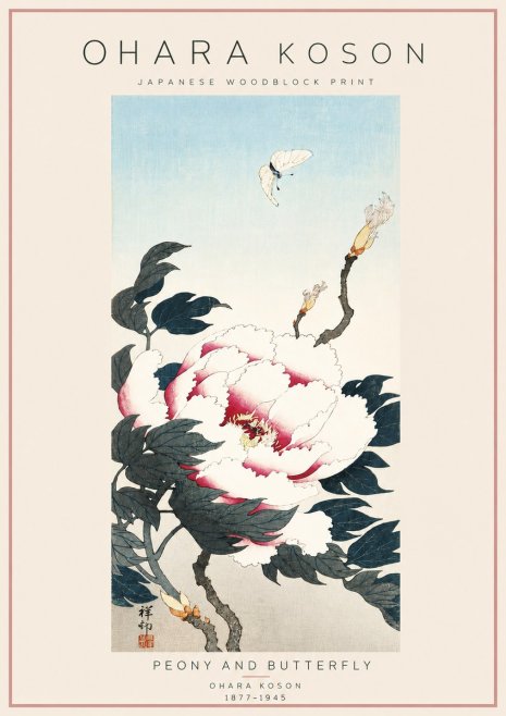 Ohara Koson Peony and Butterfly No6 - Plakat