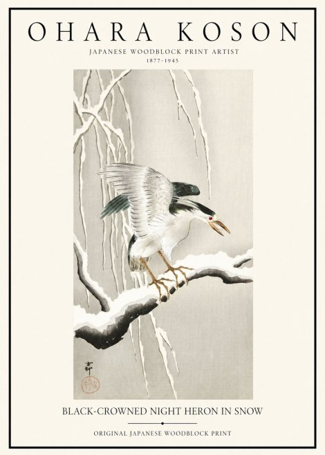 Ohara Koson Black-crowned Night Heron in Snow No1 - Plakat