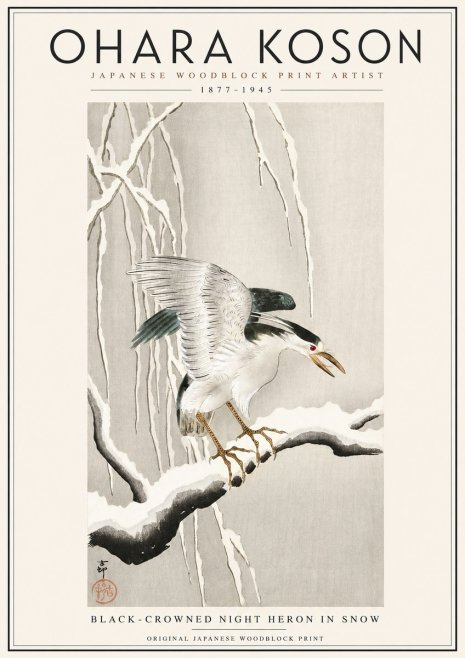 Ohara Koson Black-crowned Night Heron in Snow No3 - Plakat