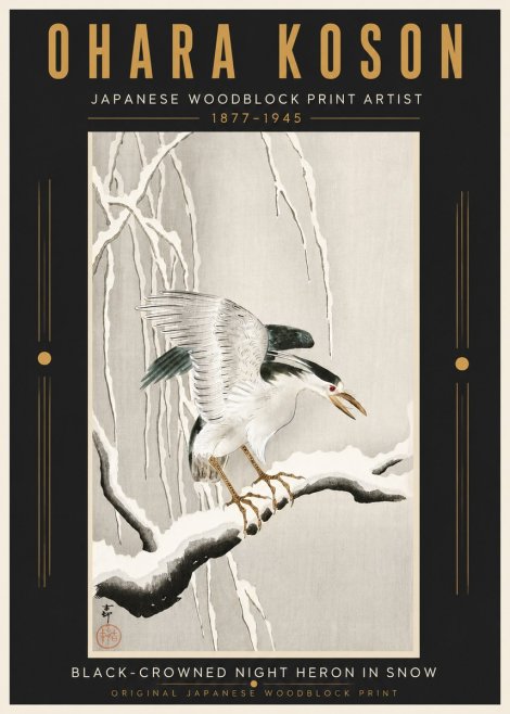 Ohara Koson Black-crowned Night Heron in Snow No5 - Plakat
