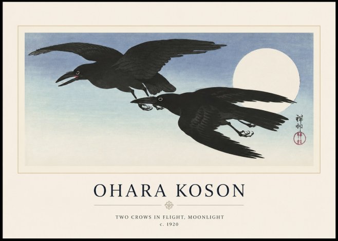 Ohara Koson Two Crows in Flight, Moonlight No1 - Plakat