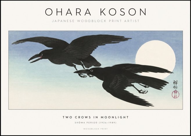 Ohara Koson Two Crows in Flight, Moonlight No2 - Plakat