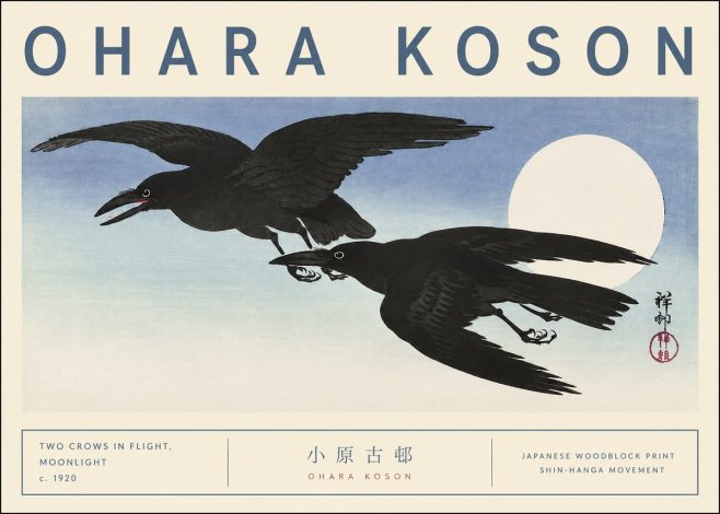 Ohara Koson Two Crows in Flight, Moonlight No3 - Plakat
