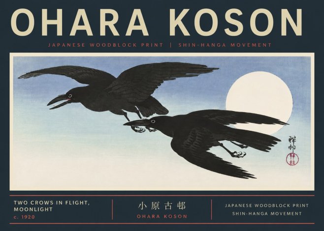 Ohara Koson Two Crows in Flight, Moonlight No6 - Plakat