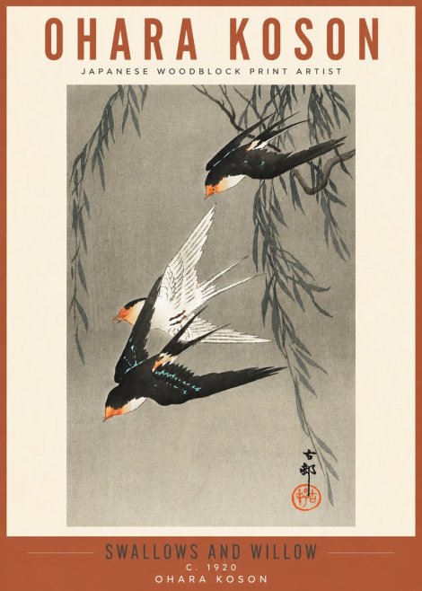 Ohara Koson Swallows and Willow II No3 - Plakat