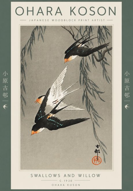 Ohara Koson Swallows and Willow II No5 - Plakat
