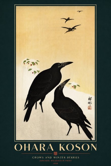 Ohara Koson Crows and Winter Berries No3 - Plakat