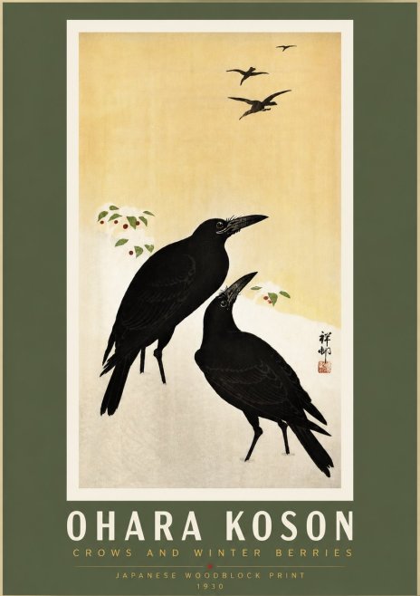 Ohara Koson Crows and Winter Berries No5 - Plakat