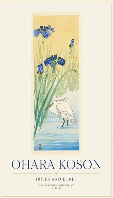 Ohara Koson Irises and Egret No1 - Plakat