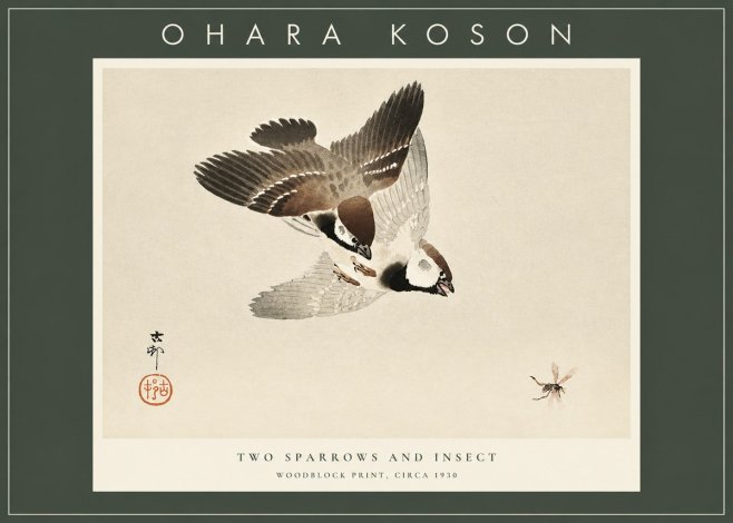 Ohara Koson Two Sparrows and Insect No2 - Plakat