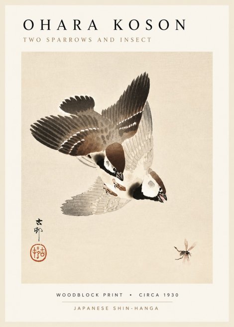 Ohara Koson Two Sparrows and Insect No5 - Plakat