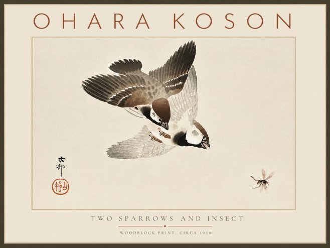 Ohara Koson Two Sparrows and Insect No6 - Plakat
