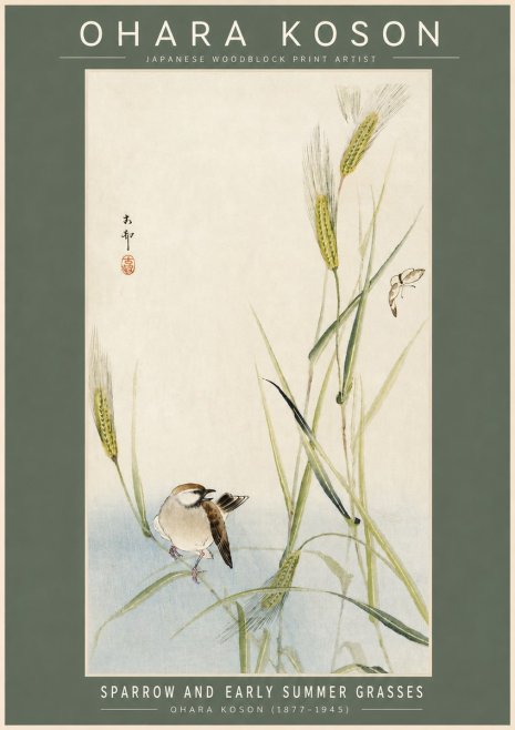 Ohara Koson Sparrow and Early Summer Grasses No2 - Plakat