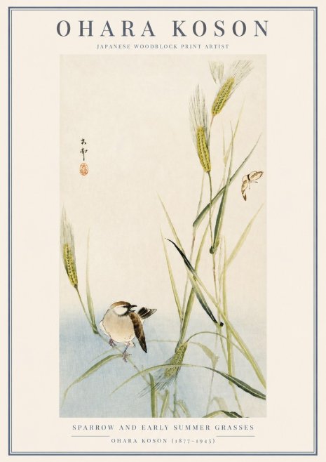 Ohara Koson Sparrow and Early Summer Grasses No3 - Plakat