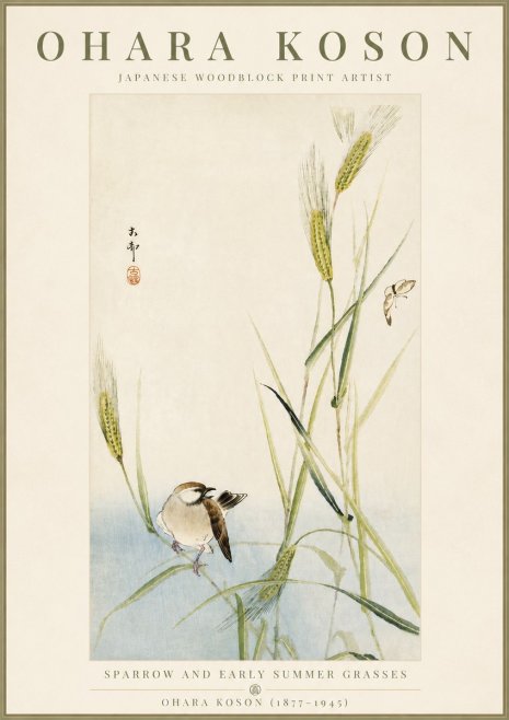 Ohara Koson Sparrow and Early Summer Grasses No5 - Plakat