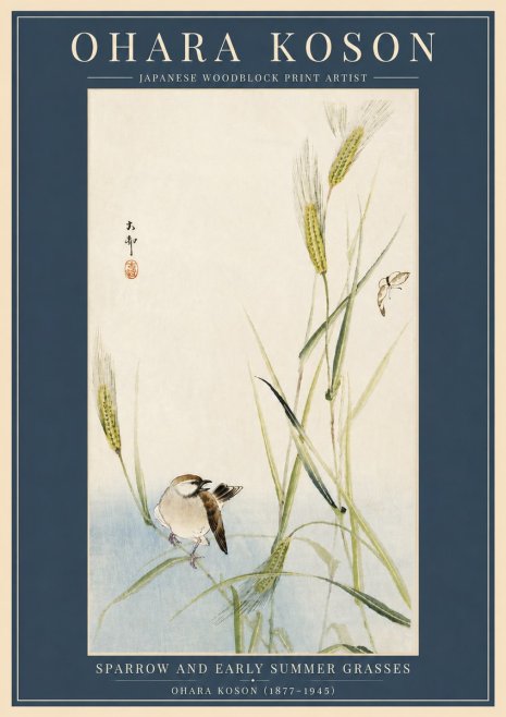 Ohara Koson Sparrow and Early Summer Grasses No6 - Plakat