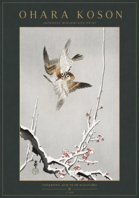 Ohara Koson Sparrows and Plum Blossoms No3 - Plakat