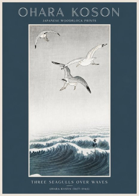 Ohara Koson Three Seagulls over Waves No2 - Plakat