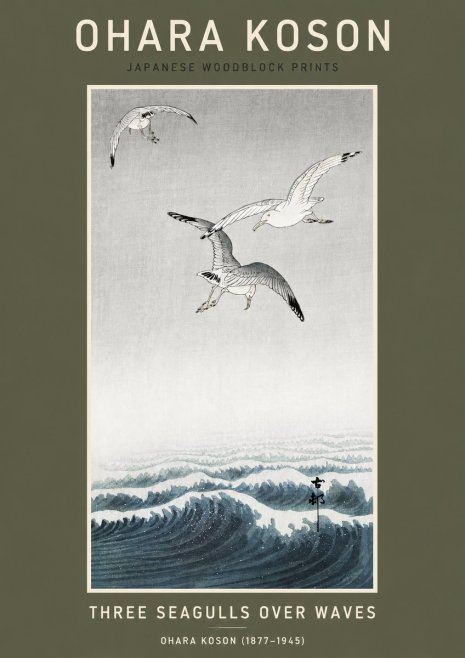 Ohara Koson Three Seagulls over Waves No3 - Plakat