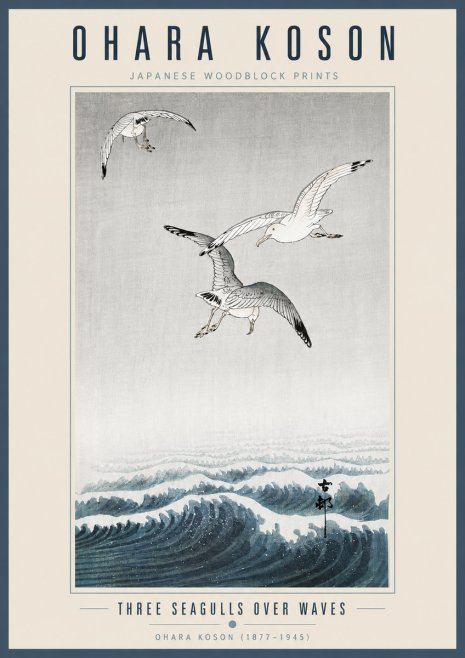 Ohara Koson Three Seagulls over Waves No5 - Plakat