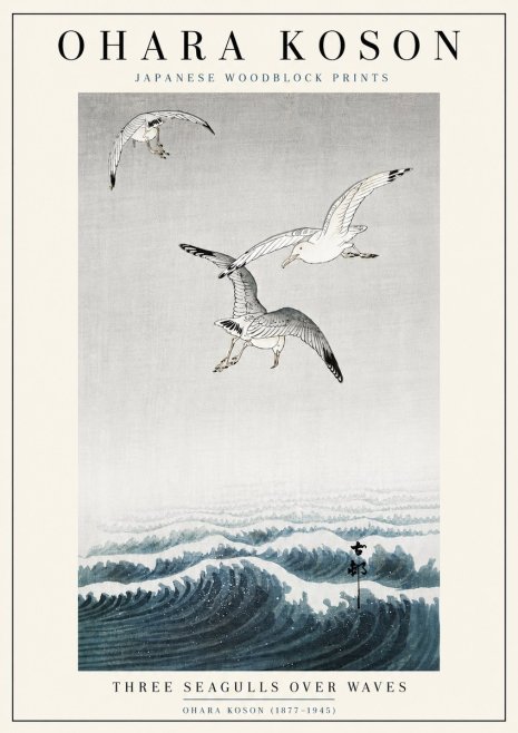 Ohara Koson Three Seagulls over Waves No6 - Plakat