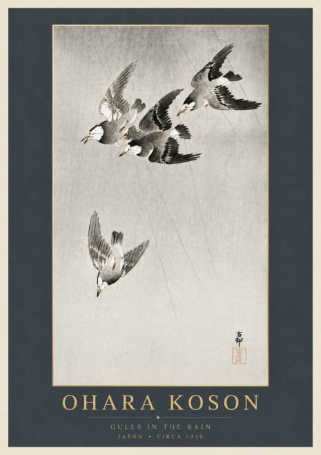 Ohara Koson Gulls in the Rain No6 - Plakat