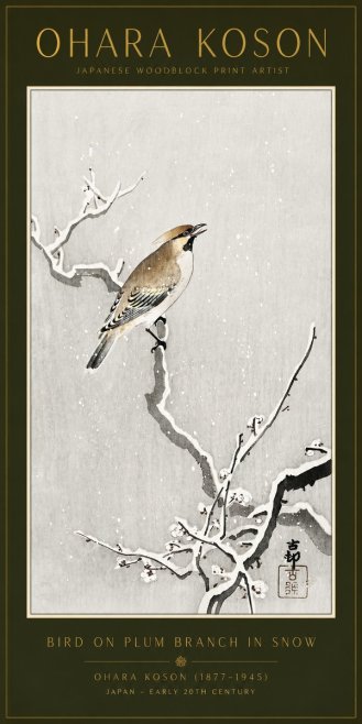 Ohara Koson Bird on Plum Branch in Snow No6 - Plakat