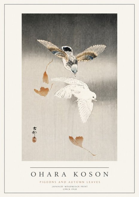 Ohara Koson Pigeons and Autumn Leaves No4 - Plakat
